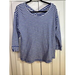 T by Talbots Keyhole Back Shirt White Navy Stripe 3/4 Sleeve‎ Size Medium